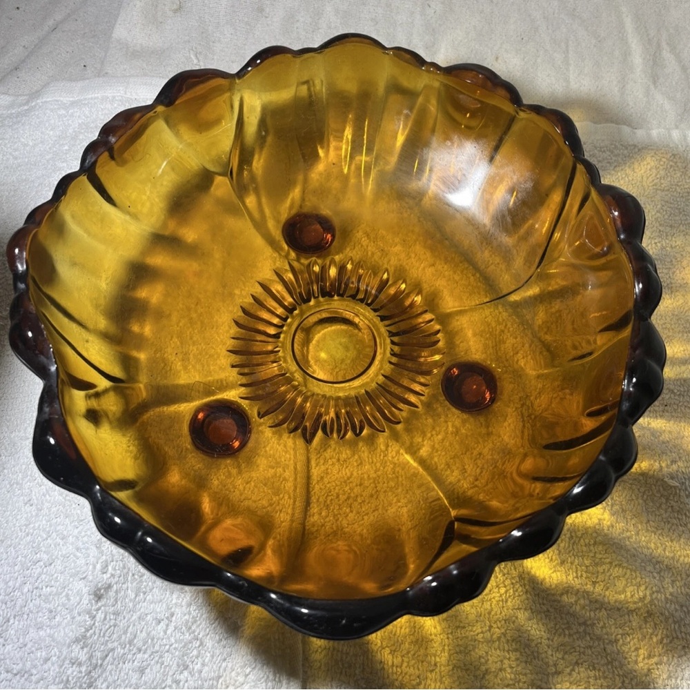 Vintage Amber Indiana Glass Garland Sunflower Large Footed Fruit Bowl